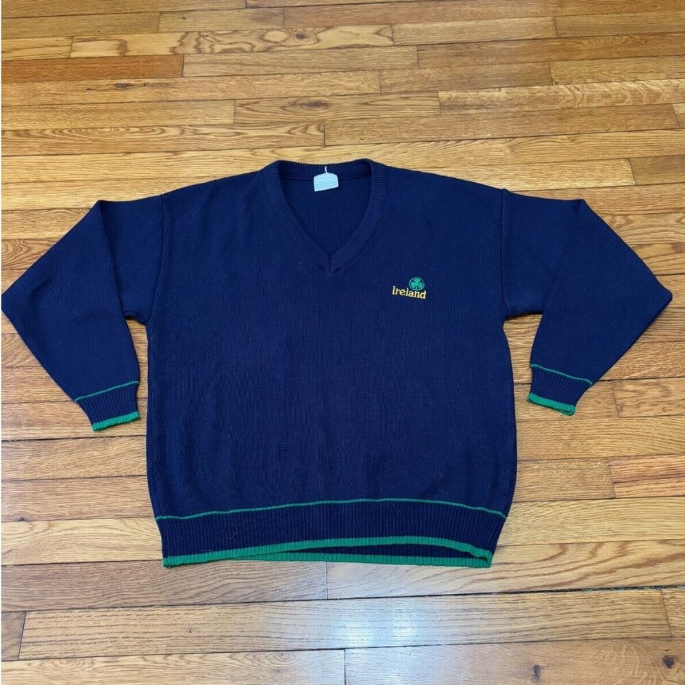 Blarney Woolen Mills Womens Sweater Size Large Navy Blue Ireland V-Neck Pullover